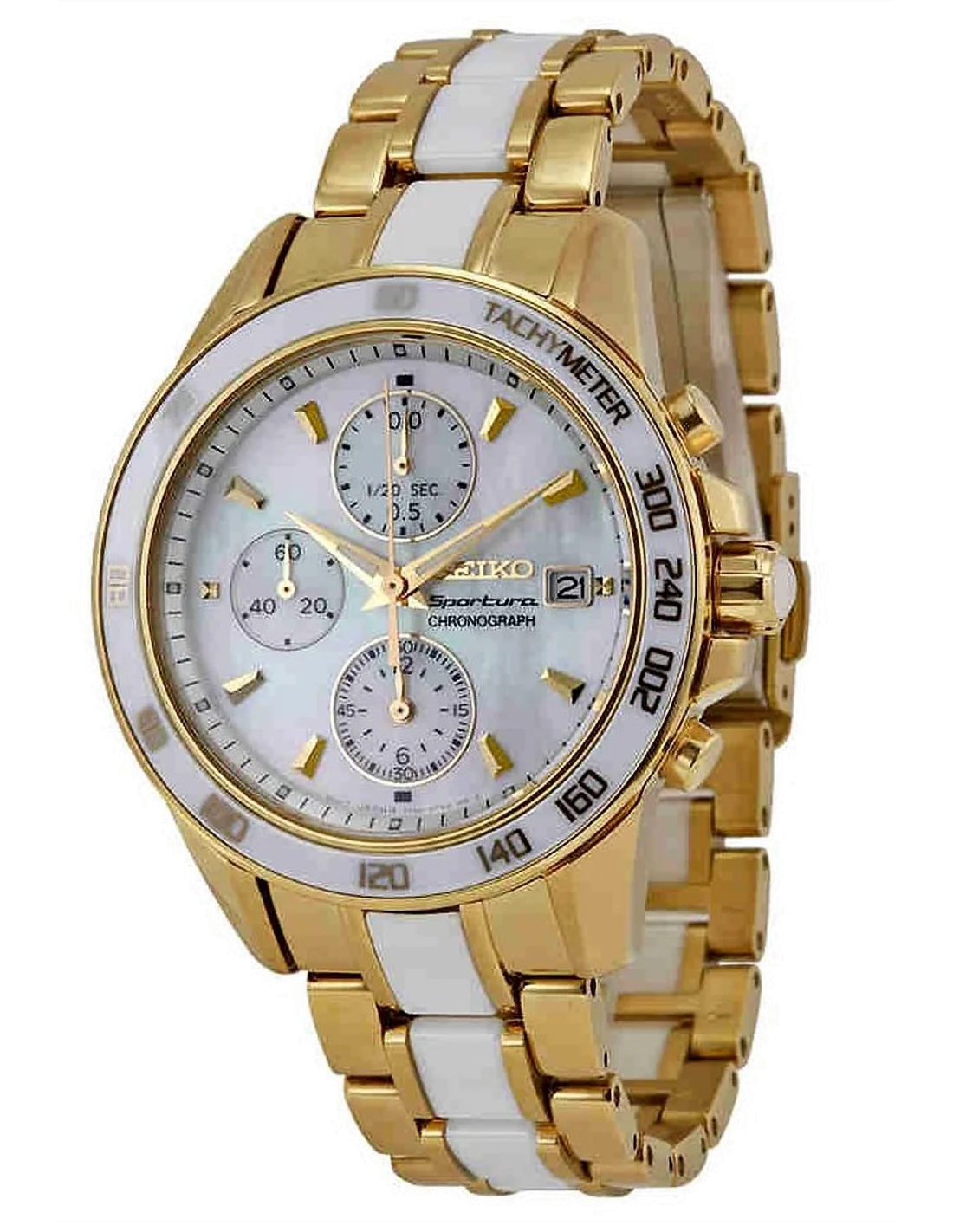 Montre Seiko Sportura SNDX02P1 pour Femme, Boîtier et Bracelet Or, Cadran Blanc avec Tachymètre