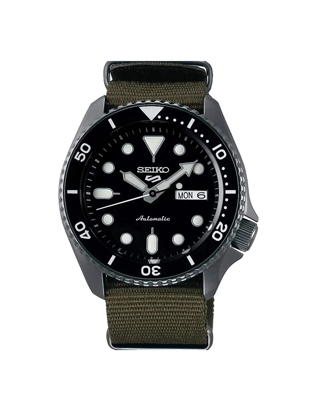 Montre Seiko 5 SRPD65K4 Automatique Homme - Boîtier Nylon Noir, Cadran Noir, Bracelet NATO Vert