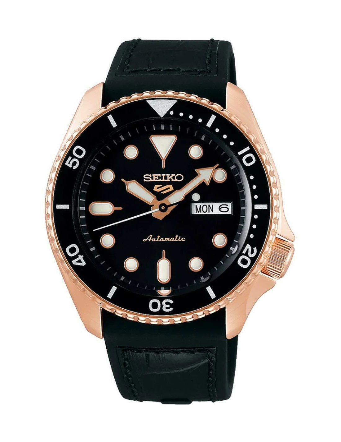 Montre Seiko 5 Sports SRPD76K1 Automatique Homme - Boîtier Or Rose, Cadran Noir, Bracelet Acier