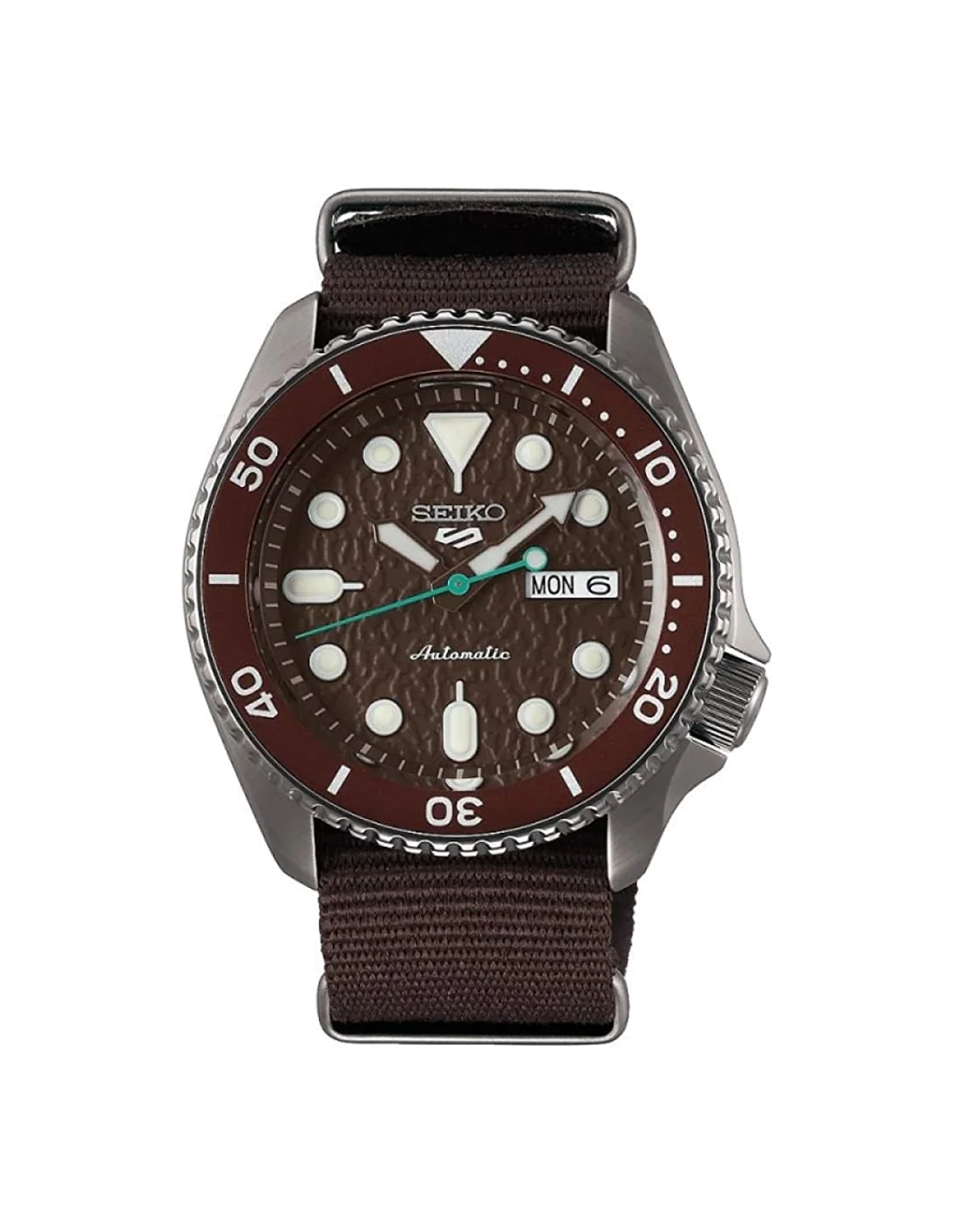 Montre Seiko 5 SRPD85K1 Automatique Homme - Cadran Marron Soleillé, Boîtier Nylon et Bracelet Nylon Kaki