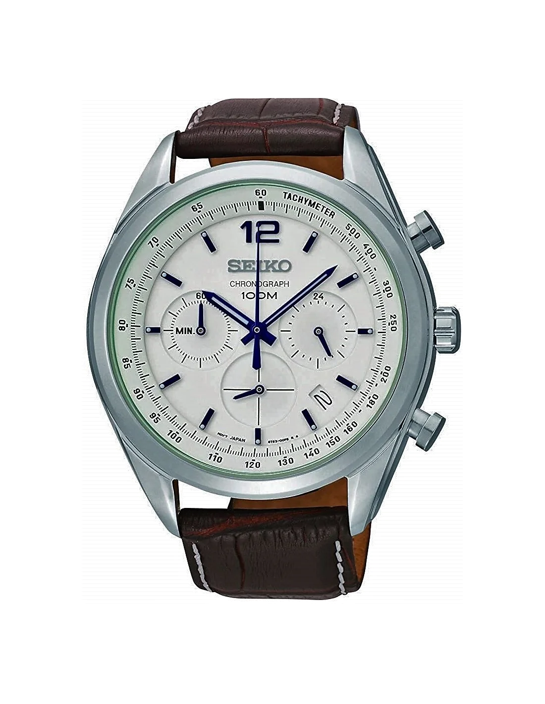 Montre Homme Seiko Classique SSB095P1 Bracelet en cuir brun à surpiqûres blanches