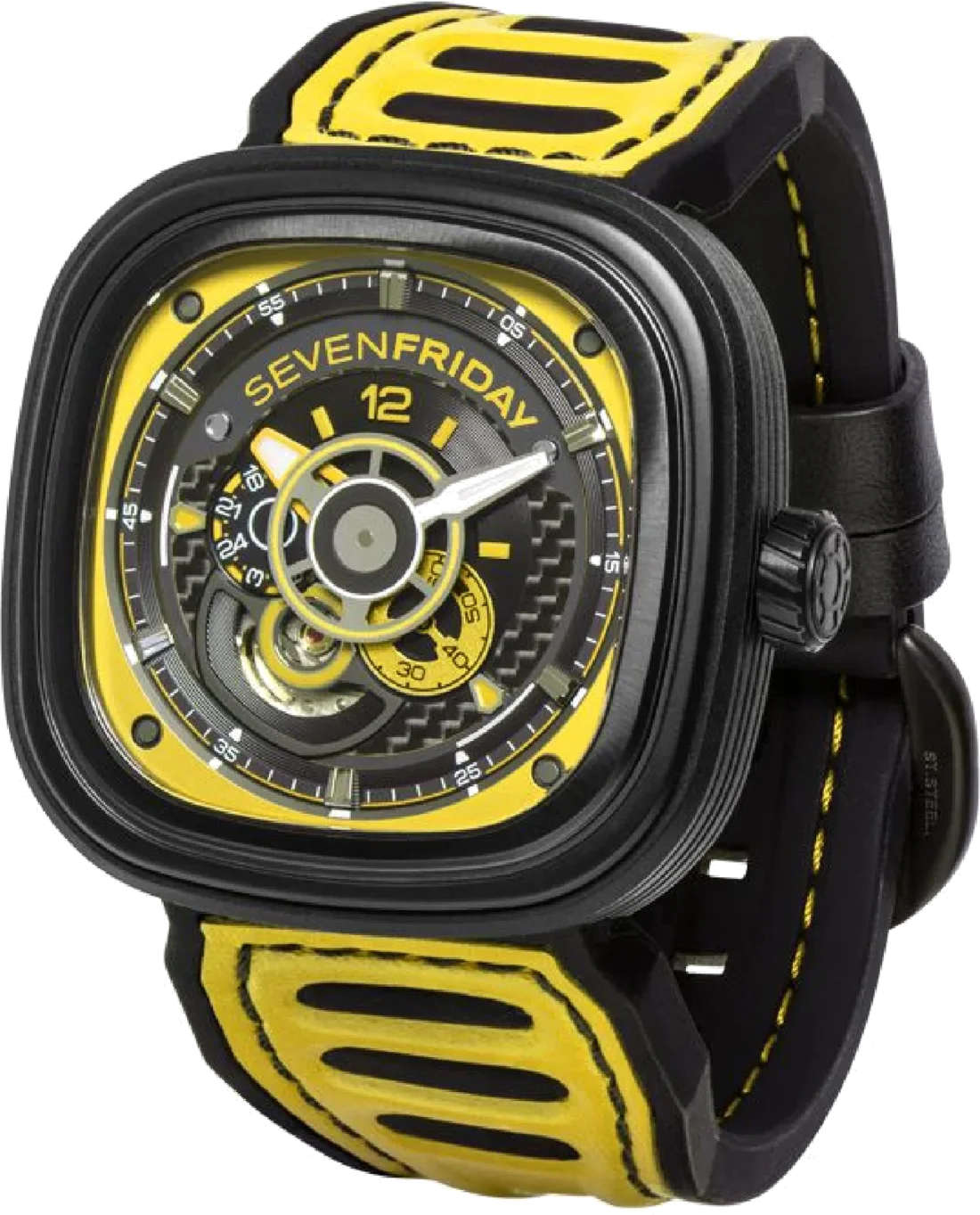 Montre Homme Sevenfriday P3B/03 Racing Team - Boîtier Bronze PVD Noir, Cadran Multicolore, Bracelet Cuir Jaune vue 2