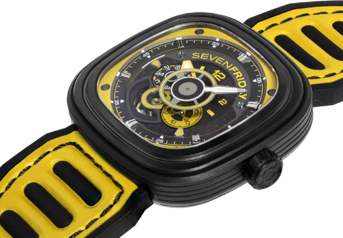Montre Homme Sevenfriday P3B/03 Racing Team - Boîtier Bronze PVD Noir, Cadran Multicolore, Bracelet Cuir Jaune vue 3