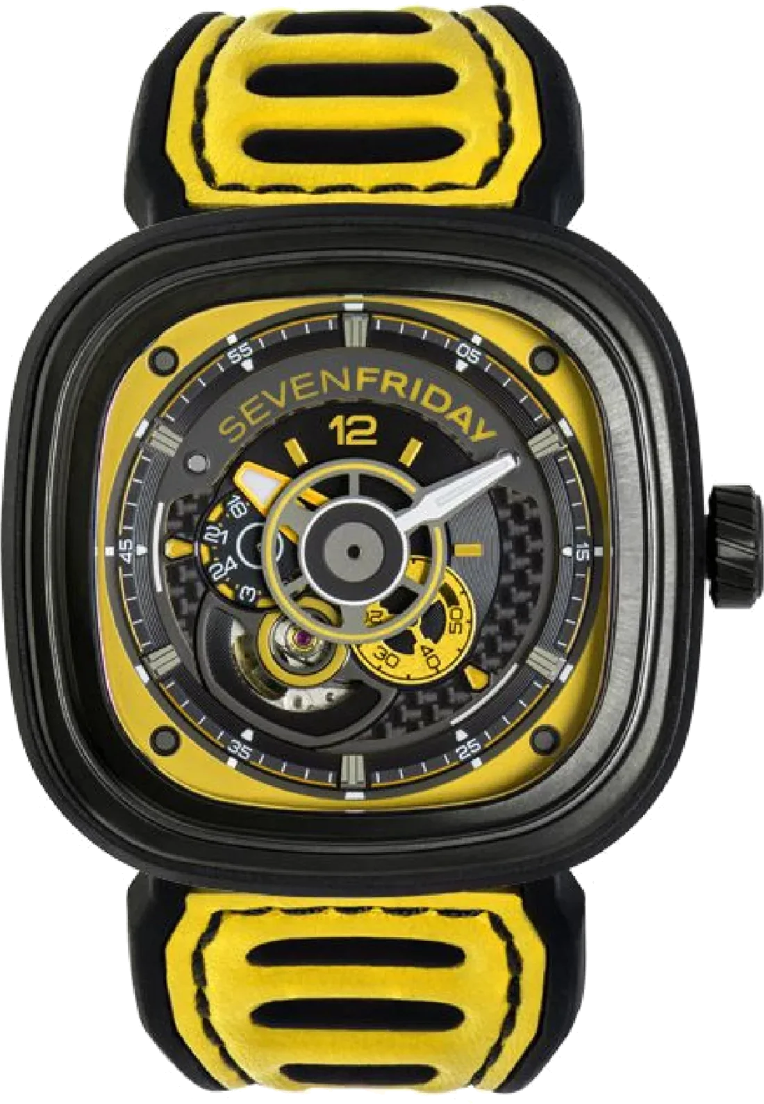 Montre Homme Sevenfriday P3B/03 Racing Team - Boîtier Bronze PVD Noir, Cadran Multicolore, Bracelet Cuir Jaune