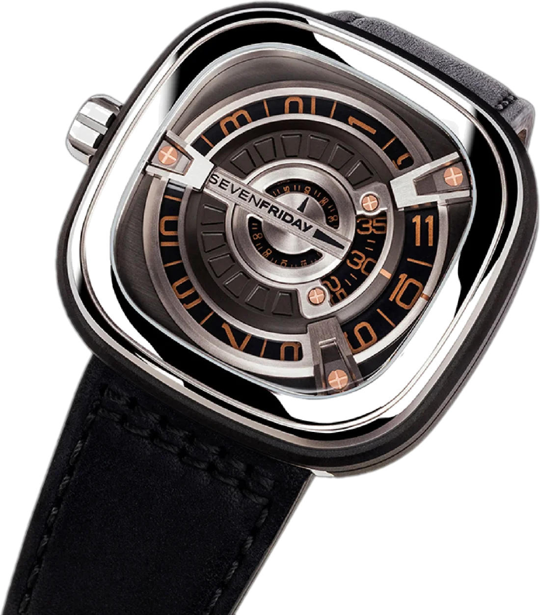 Montre Homme Sevenfriday M1/03 Automatique - Boîtier Acier Poli, Cadran Bicolore, Bracelet Cuir Noir vue 3