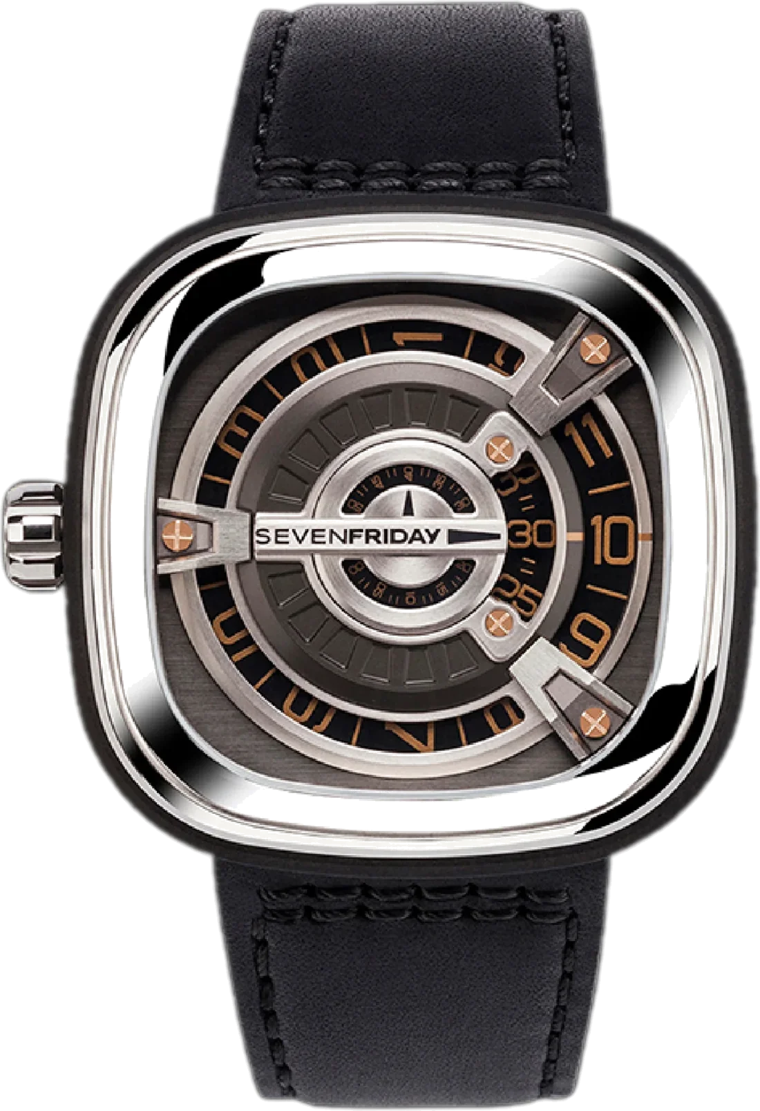 Montre Homme Sevenfriday M1/03 Automatique - Boîtier Acier Poli, Cadran Bicolore, Bracelet Cuir Noir