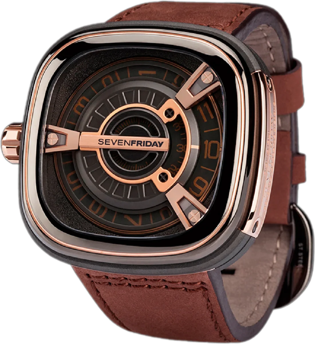 Montre Homme Sevenfriday M2/02 Automatique - Boîtier Acier PVD Or Rose, Cadran 47mm, Bracelet Cuir Marron vue 2