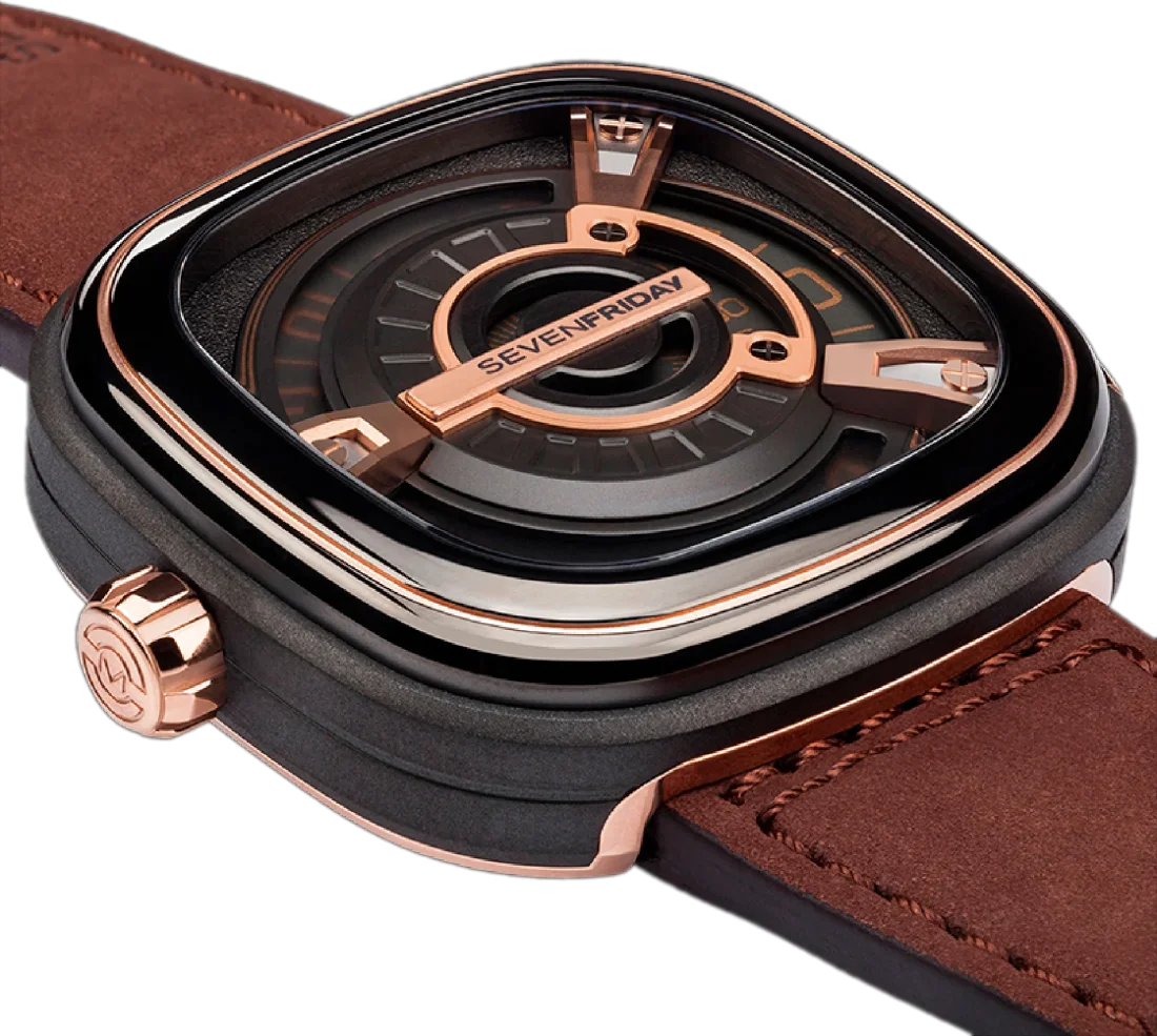 Montre Homme Sevenfriday M2/02 Automatique - Boîtier Acier PVD Or Rose, Cadran 47mm, Bracelet Cuir Marron vue 3