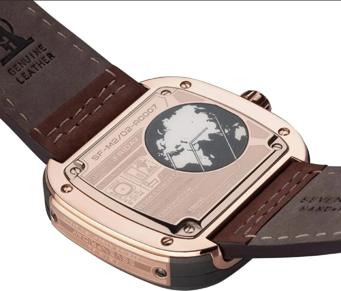 Montre Homme Sevenfriday M2/02 Automatique - Boîtier Acier PVD Or Rose, Cadran 47mm, Bracelet Cuir Marron vue 4