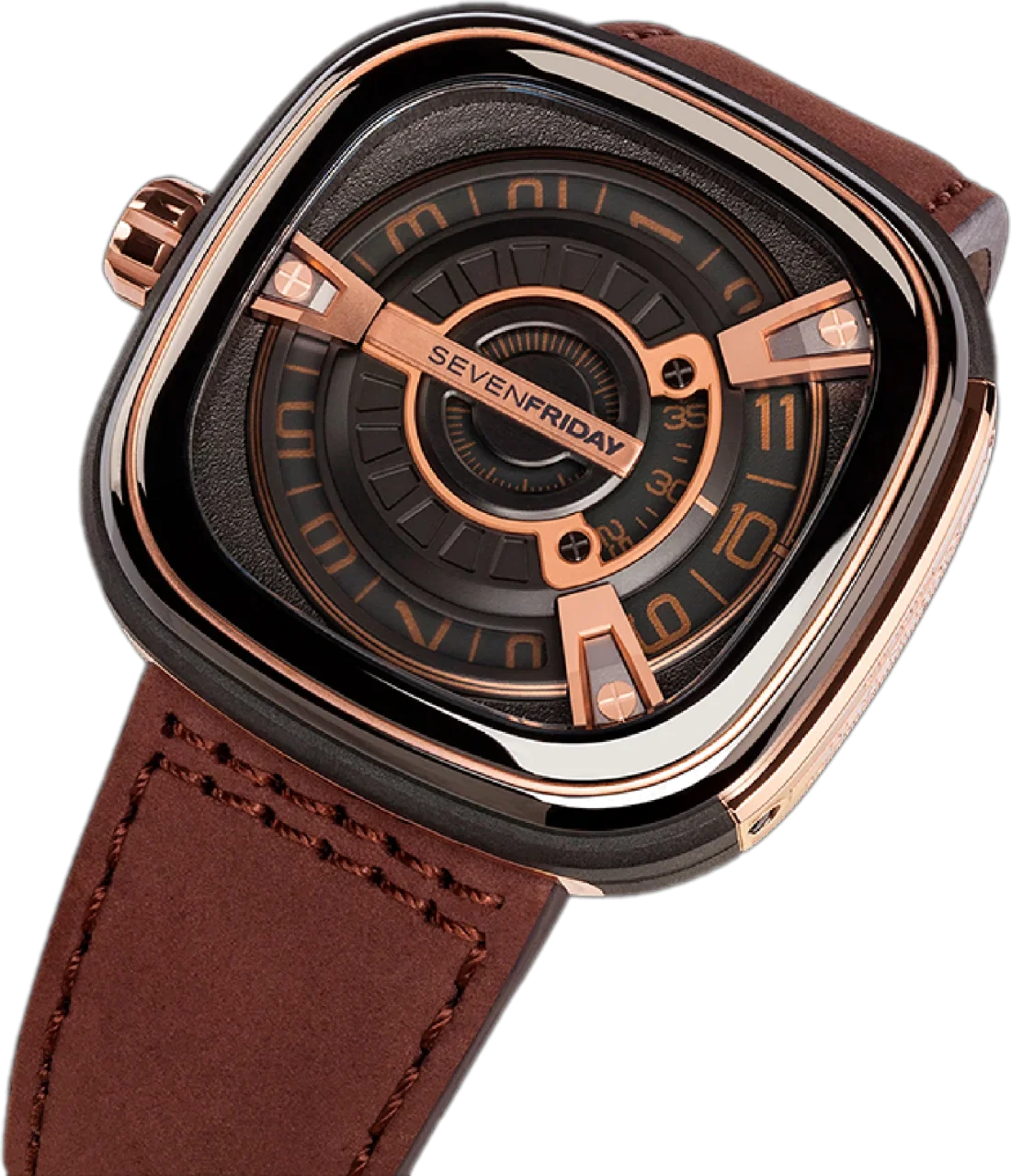Montre Homme Sevenfriday M2/02 Automatique - Boîtier Acier PVD Or Rose, Cadran 47mm, Bracelet Cuir Marron vue 5