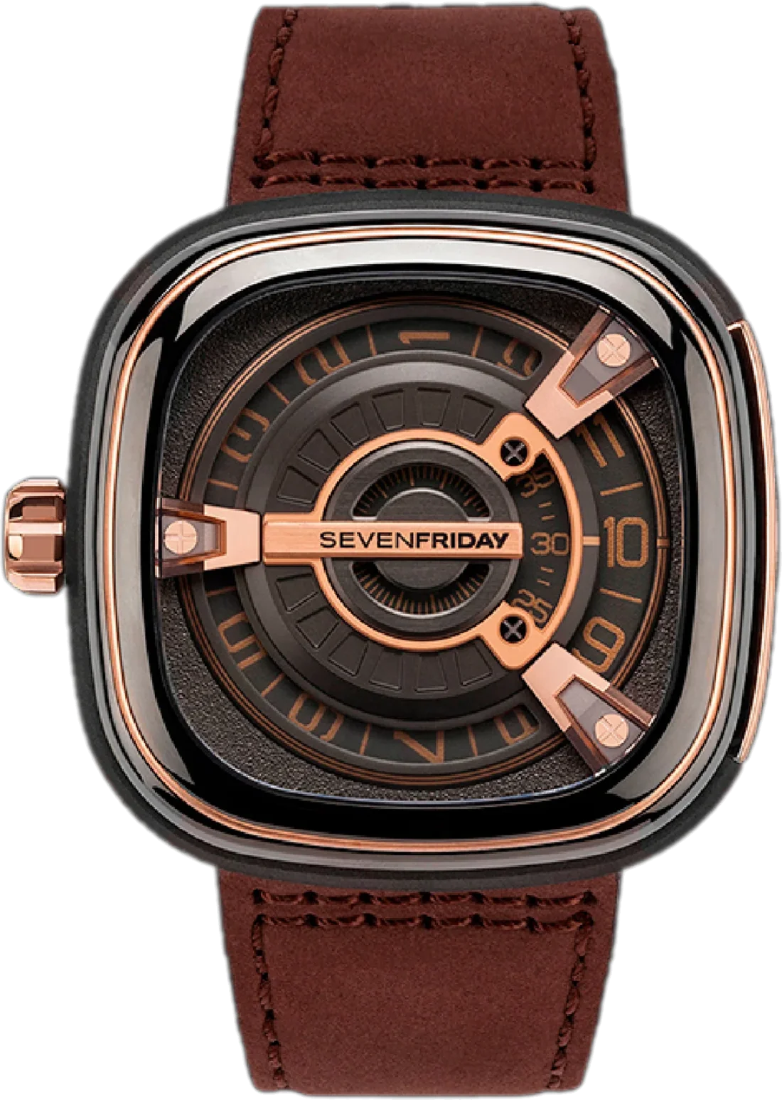Montre Homme Sevenfriday M2/02 Automatique - Boîtier Acier PVD Or Rose, Cadran 47mm, Bracelet Cuir Marron