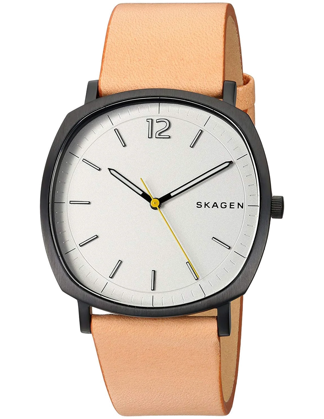Montre Homme Skagen SKW6379 - Boîtier Coussin Noir, Cadran Blanc, Bracelet Cuir Marron