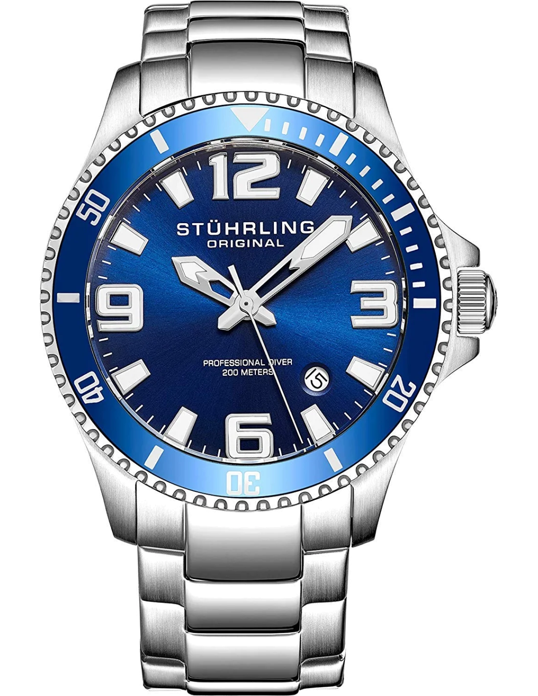 Stührling Original Aquadiver 395.33U16 - Montre Homme Sport Etanche 200M - Cadran Bleu, Bracelet Acier Argent