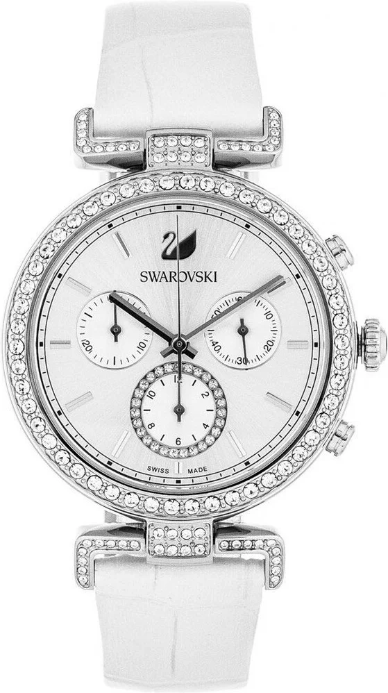 Montre Femme Swarovski 5295346 Chronographe Cadran Blanc Cristaux Bracelet Cuir Blanc