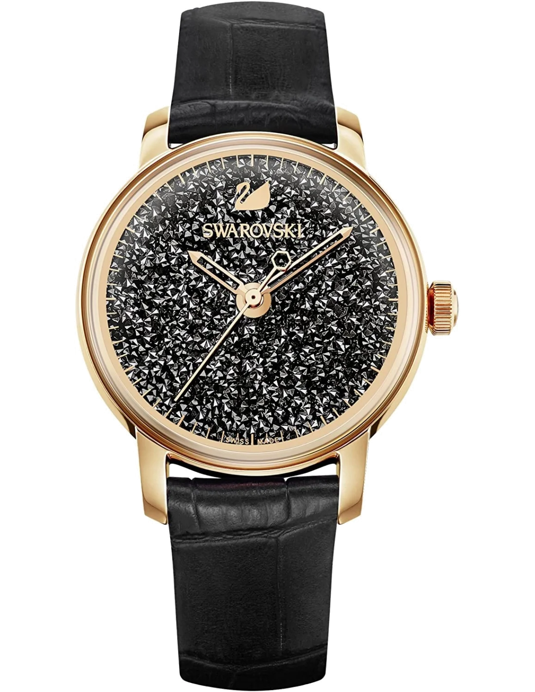 Montre Femme Swarovski Crystalline 5295377 - Cadran Cristaux, Boîtier Or, Bracelet Cuir Noir
