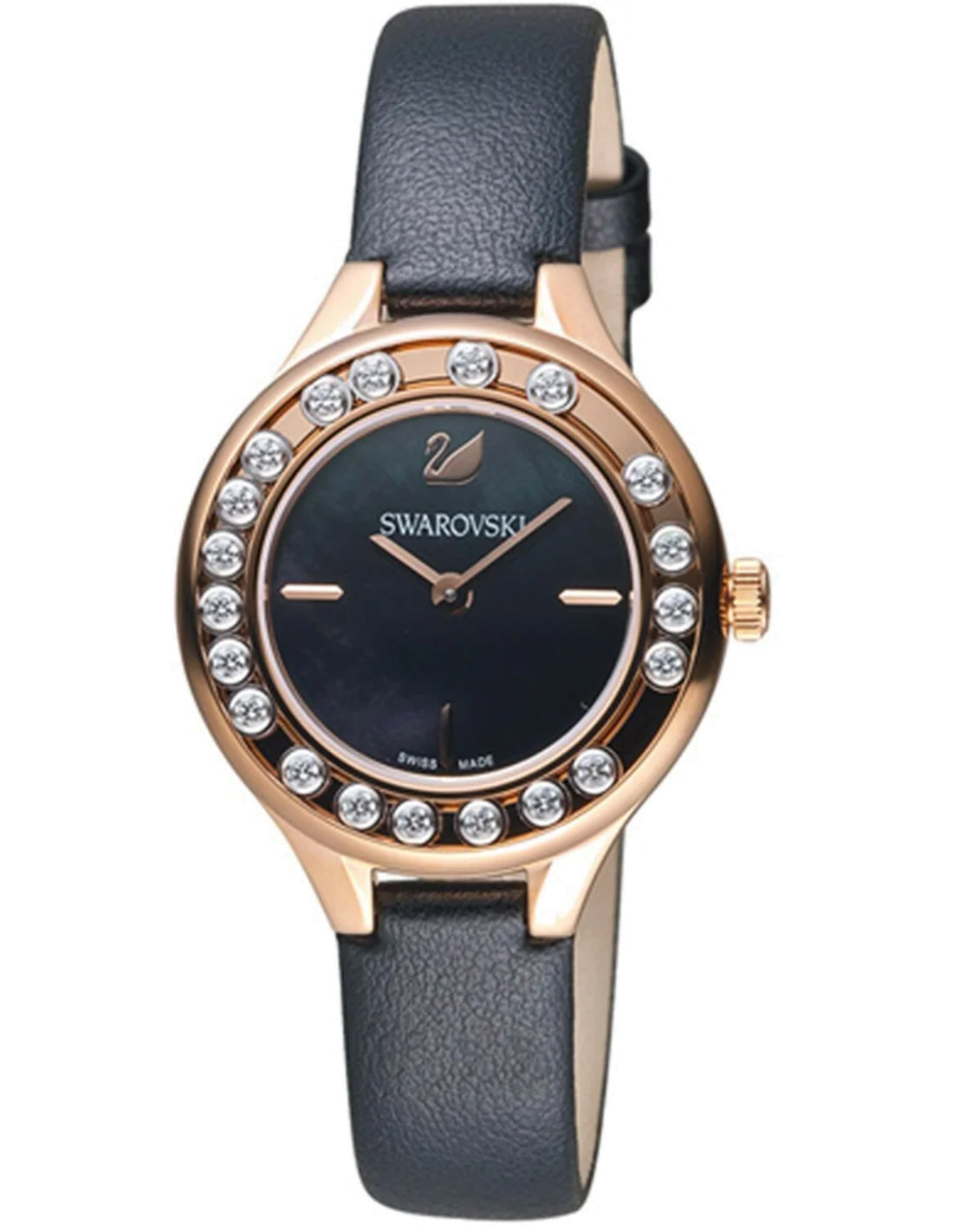 Montre Femme Swarovski Lovely Crystal 5301877, Cadran Noir, Boîtier Or Rose, Bracelet Cuir Noir
