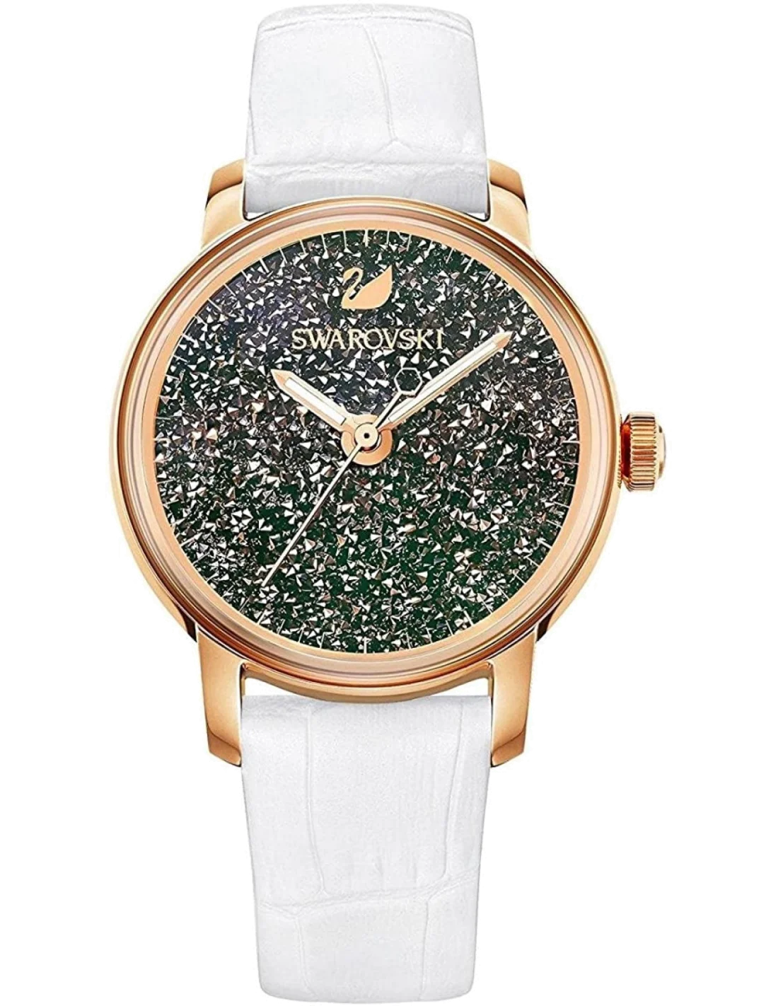Montre Femme Swarovski Crystalline 5344635, Cadran Vert, Boîtier Or Rose, Bracelet Cuir Blanc