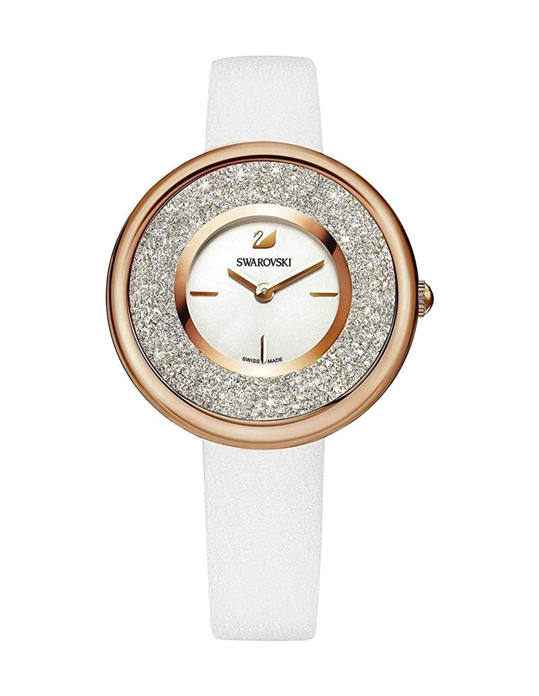 Montre Femme Swarovski Crystalline Pure 5376083 - Cadran Argenté, Boîtier Or Rose, Bracelet Cuir Blanc