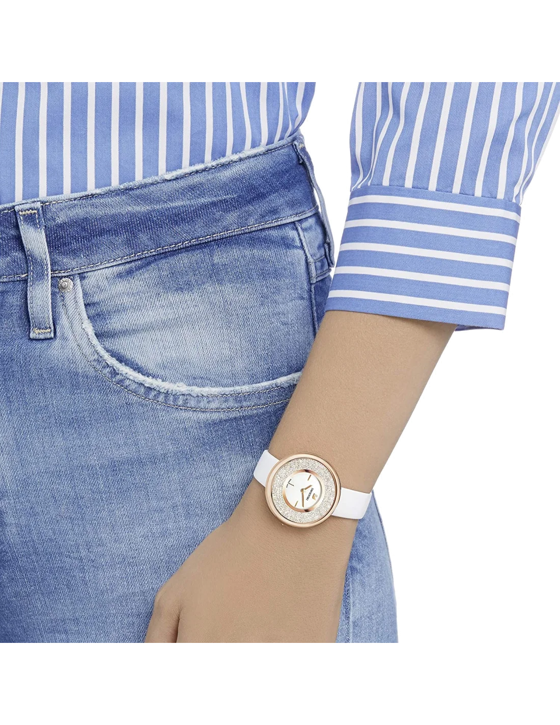 Montre Femme Swarovski Crystalline Pure 5376083 - Cadran Argenté, Boîtier Or Rose, Bracelet Cuir Blanc vue 3