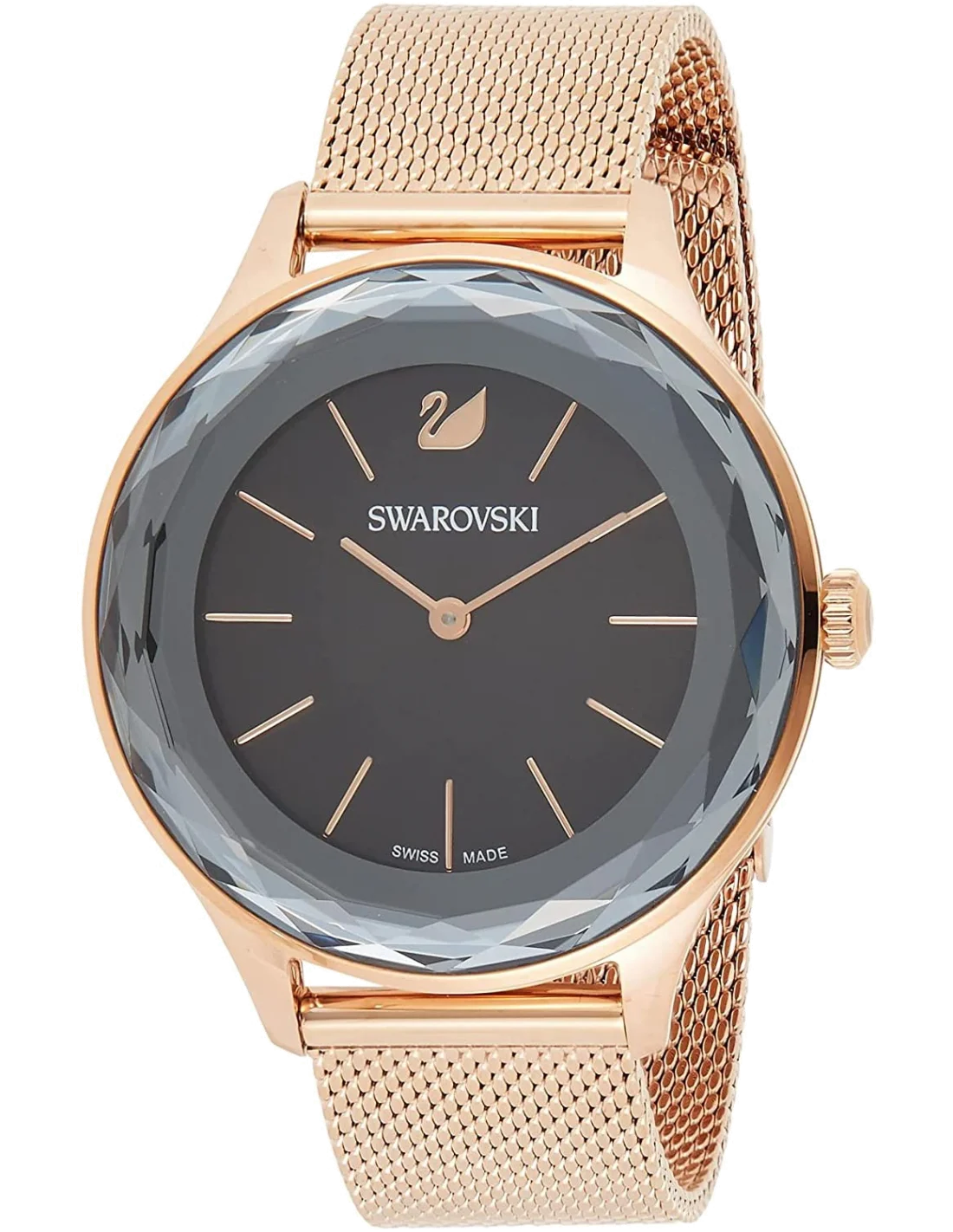 Montre Swarovski Octea Nova 5430424 pour femme, cadran noir et bracelet maille milanaise or rose