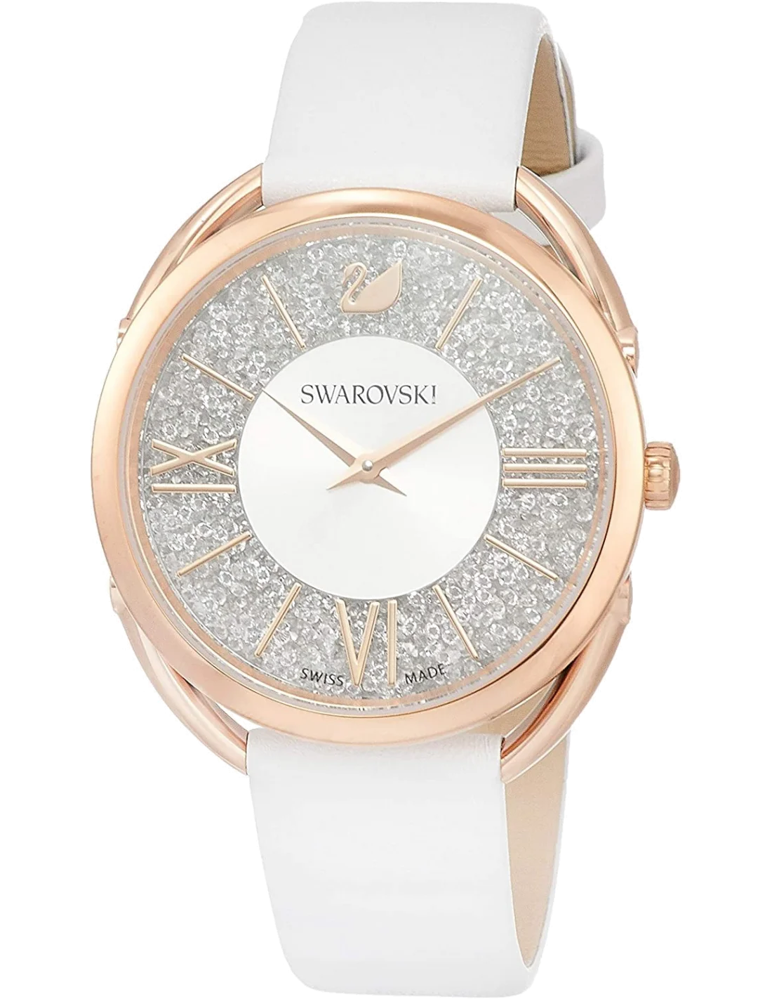 Montre Femme Swarovski 5452459 Crystalline Glam, Cadran Argent Cristaux, Bracelet Cuir Blanc