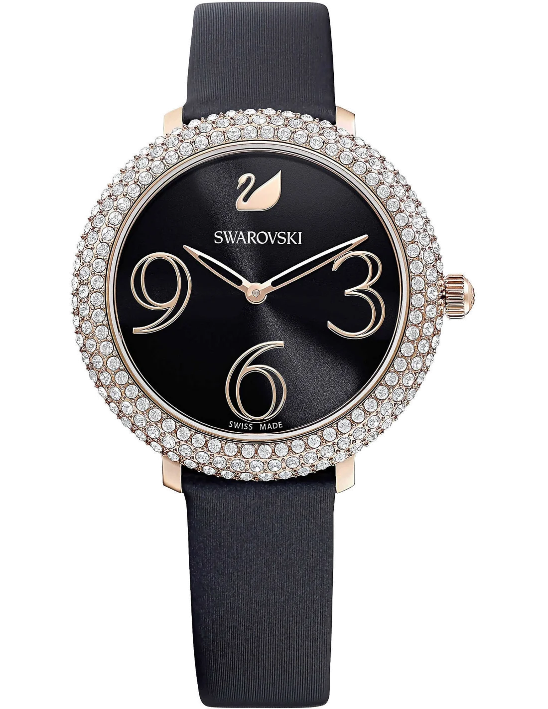 Montre Femme Swarovski Crystal Frost 5484058 - Cadran noir orné de cristaux, bracelet cuir noir, boîtier or rose