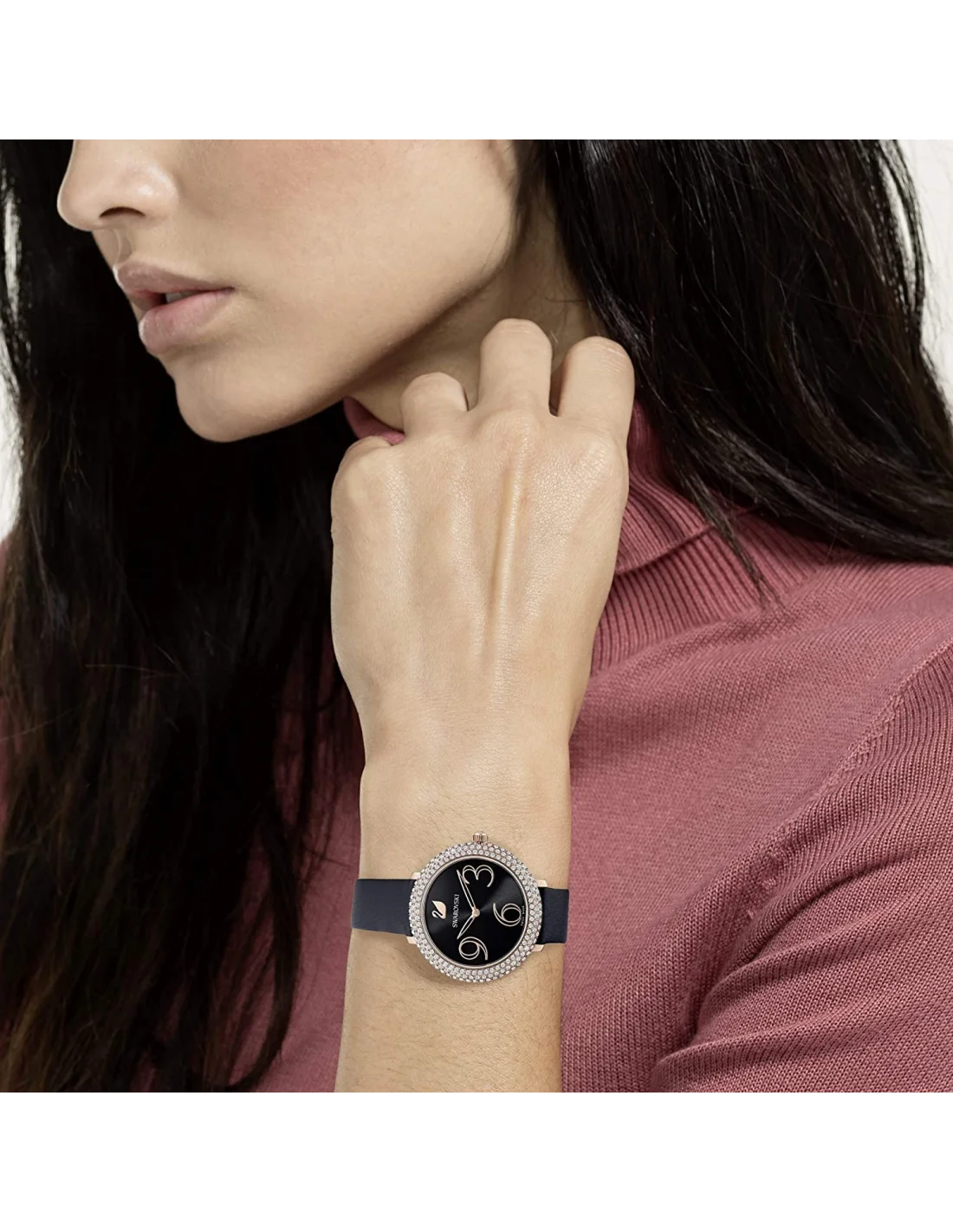 Montre Femme Swarovski Crystal Frost 5484058 - Cadran noir orné de cristaux, bracelet cuir noir, boîtier or rose vue 2