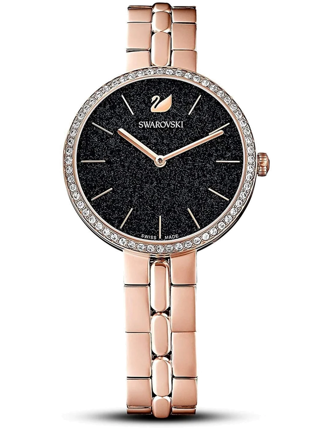 Montre Femme Swarovski Cosmopolitan 5517797 Cadran Noir Poudre Diamants Bracelet Or Rose