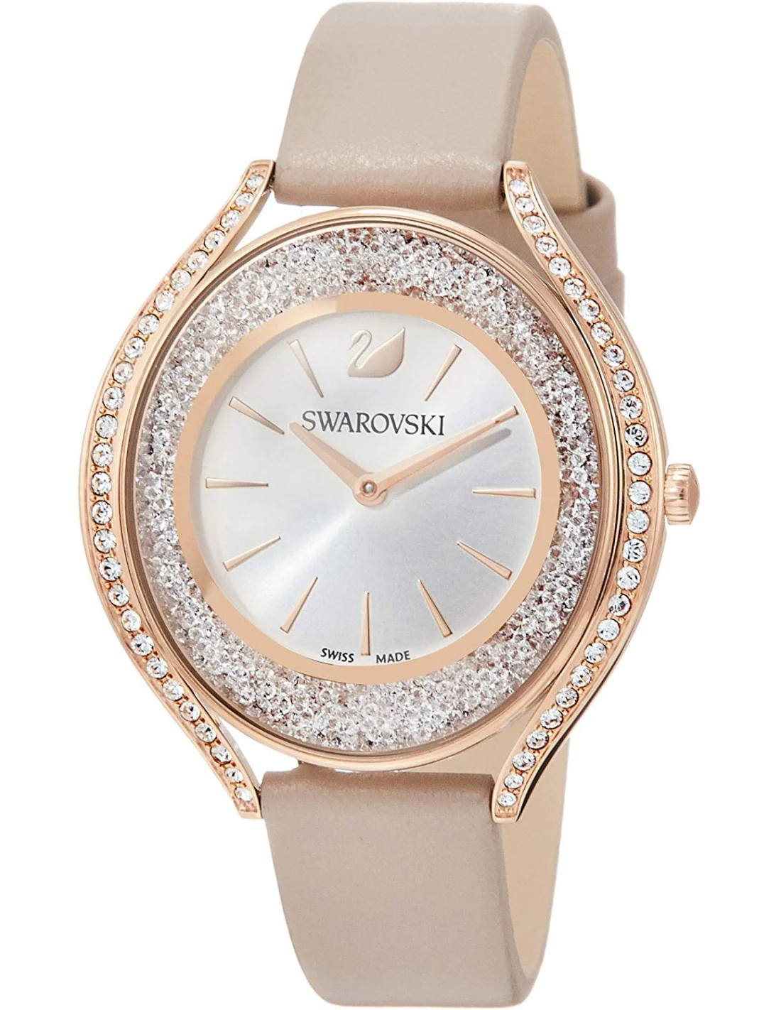 Montre Femme Swarovski Crystalline Aura 5519450 Cadran Cristaux, Boîtier Or Rose, Bracelet Cuir Beige