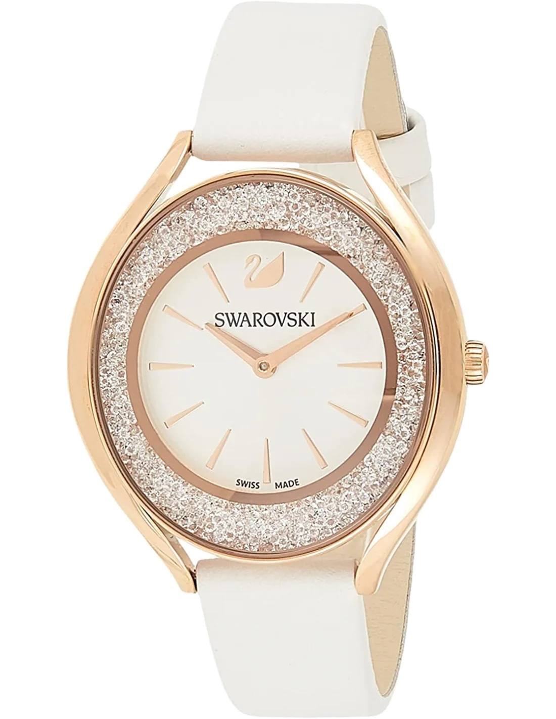 Montre Femme Swarovski Crystalline Aura 5519453, cadran argent, boîtier or rose, bracelet cuir blanc