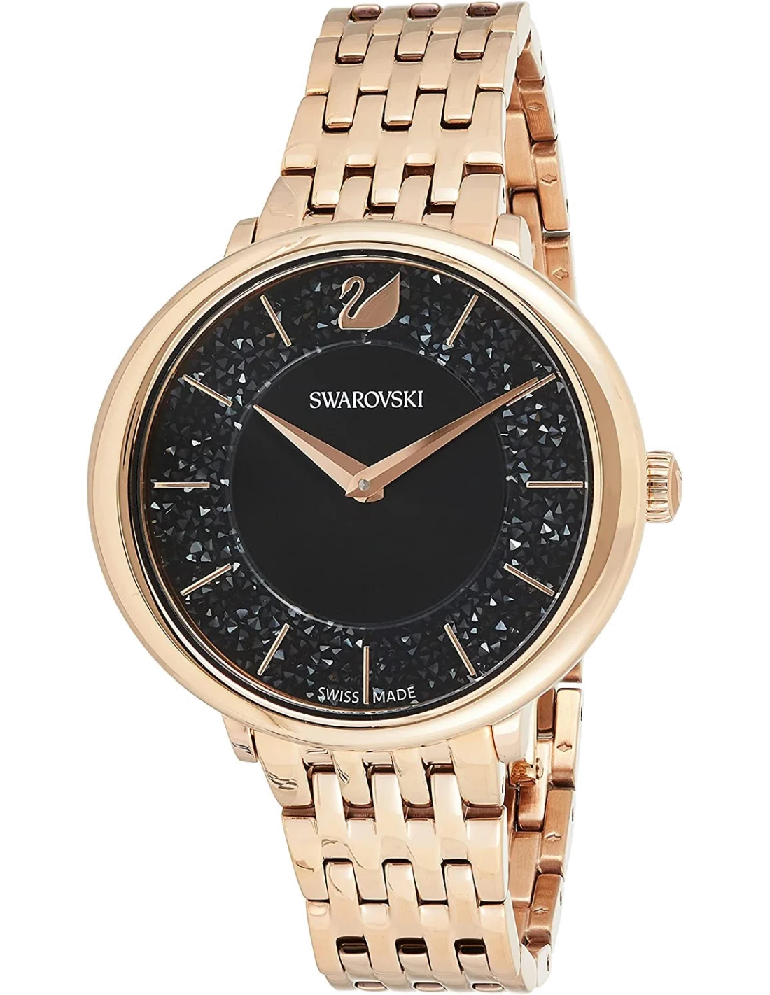 Montre Swarovski Crystalline 5544587 pour Femme, Cadran Noir et Bracelet Acier Or Rose