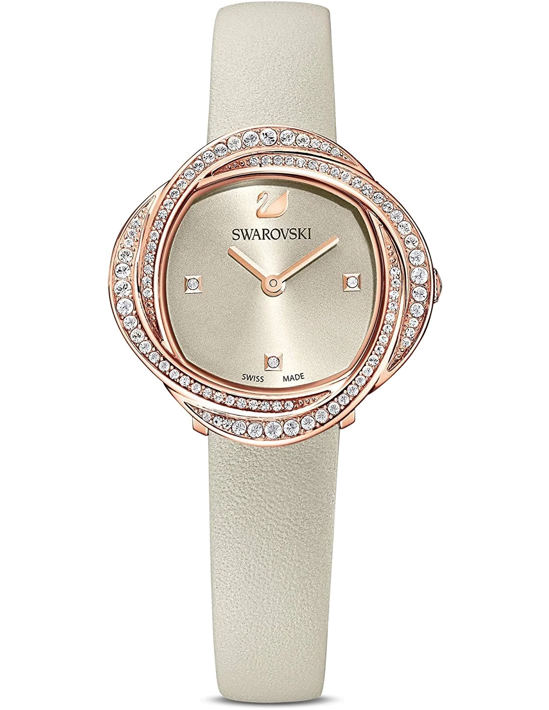 Montre Femme Swarovski 5552424 Crystal Flower - Cadran Argent, Boîtier Or Rose, Bracelet Cuir Beige