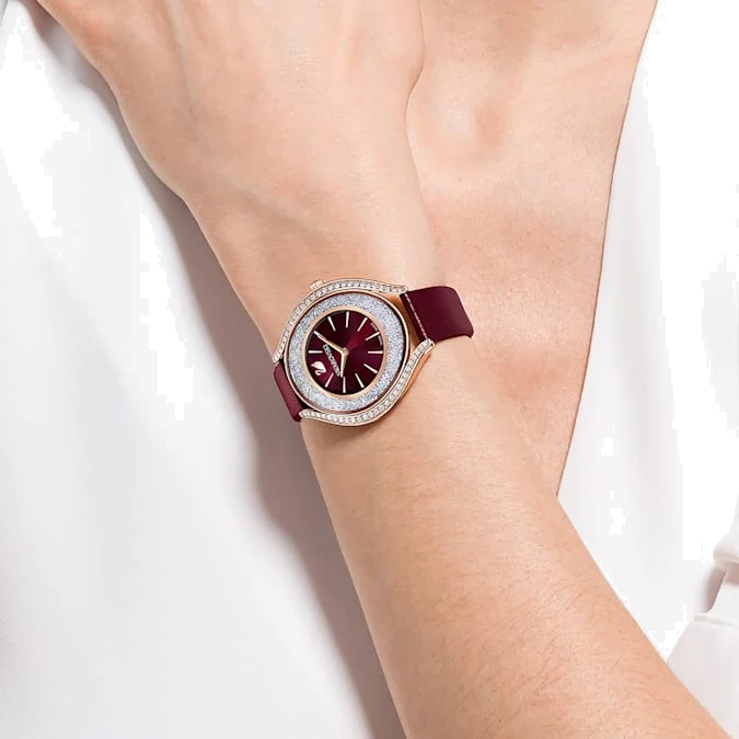 Montre Femme Swarovski 5558637, Boîtier Or Rose Acier et Bracelet Cuir Bordeaux vue 4