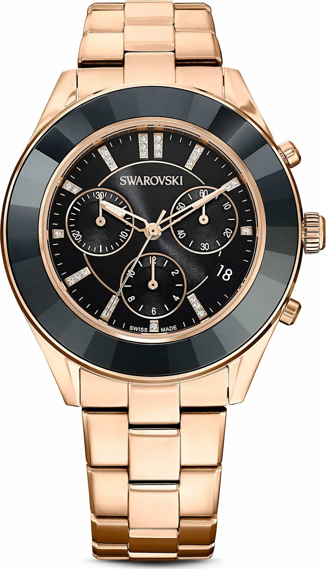 Montre Femme Swarovski Octea Lux Sport 5610478 - Cadran Noir, Bracelet Acier Or Rose