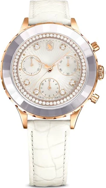 Montre Femme Swarovski 5671150 Octea Chrono - Cadran Blanc, Boîtier Or Rose, Bracelet Cuir Blanc