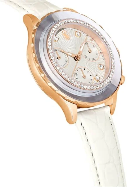 Montre Femme Swarovski 5671150 Octea Chrono - Cadran Blanc, Boîtier Or Rose, Bracelet Cuir Blanc vue 3