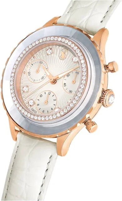Montre Femme Swarovski 5671150 Octea Chrono - Cadran Blanc, Boîtier Or Rose, Bracelet Cuir Blanc vue 4
