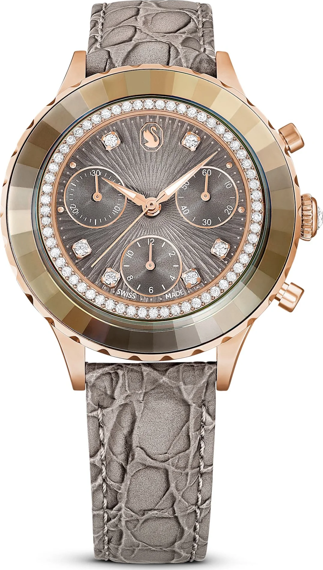 Montre Femme Swarovski Octea Lux Chrono 5671153 - Cadran Gris, Boîtier Or Rose, Bracelet Cuir