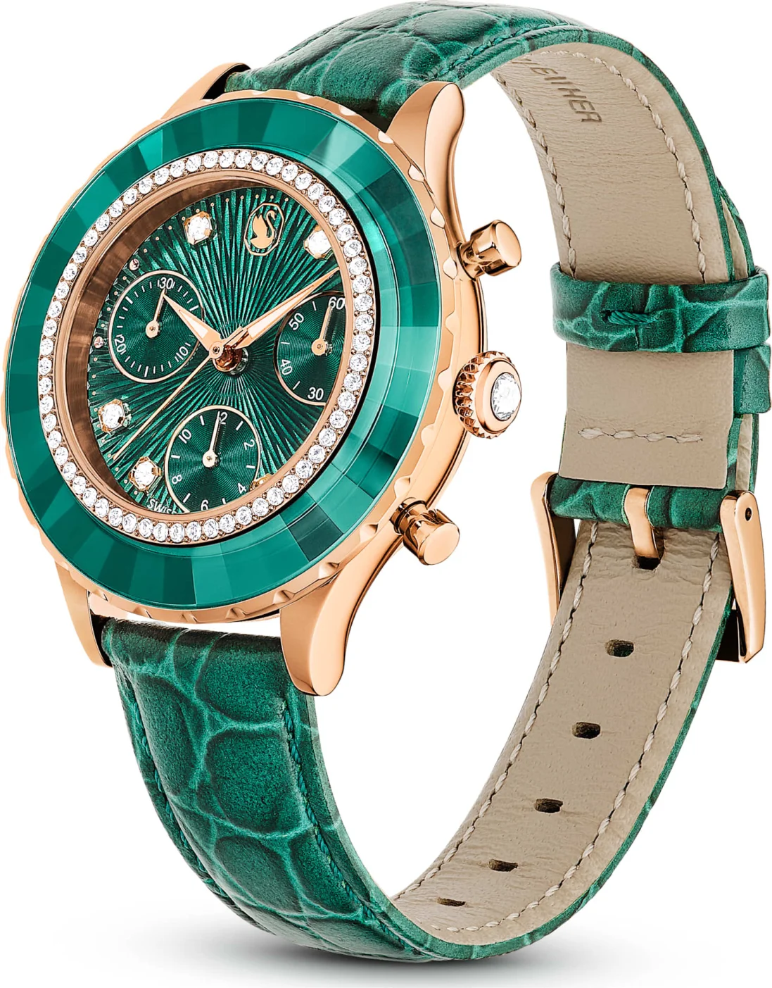 Montre Femme Swarovski Octea Lux Chrono 5672931 - Cadran Vert, Boîtier Or Rose, Bracelet Cuir Vert vue 4