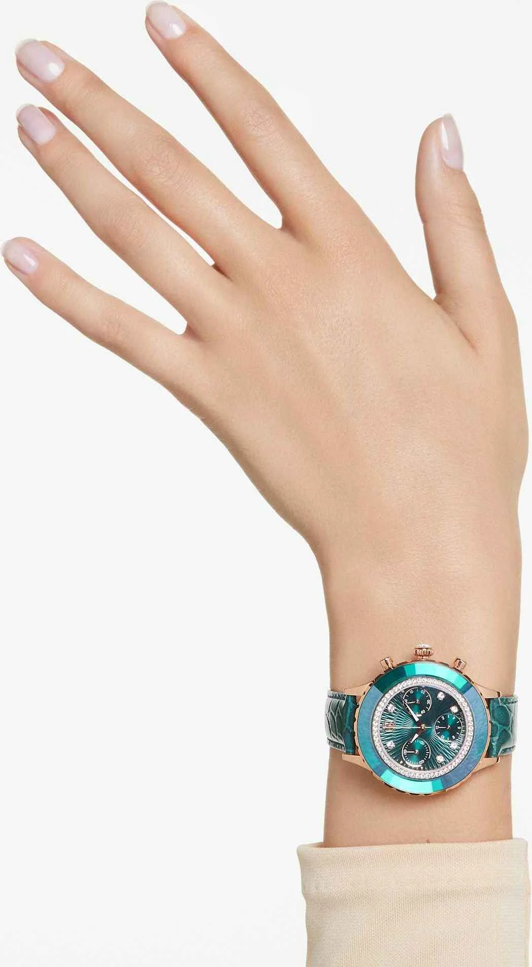 Montre Femme Swarovski Octea Lux Chrono 5672931 - Cadran Vert, Boîtier Or Rose, Bracelet Cuir Vert vue 8