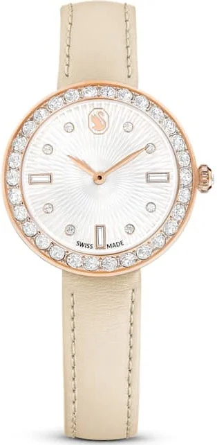 Montre Femme Swarovski Certa 5672968 - Boîtier Or Rose, Cadran Blanc Guilloché, Bracelet Cuir Beige