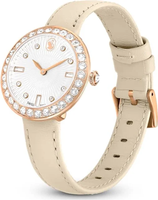 Montre Femme Swarovski Certa 5672968 - Boîtier Or Rose, Cadran Blanc Guilloché, Bracelet Cuir Beige vue 2