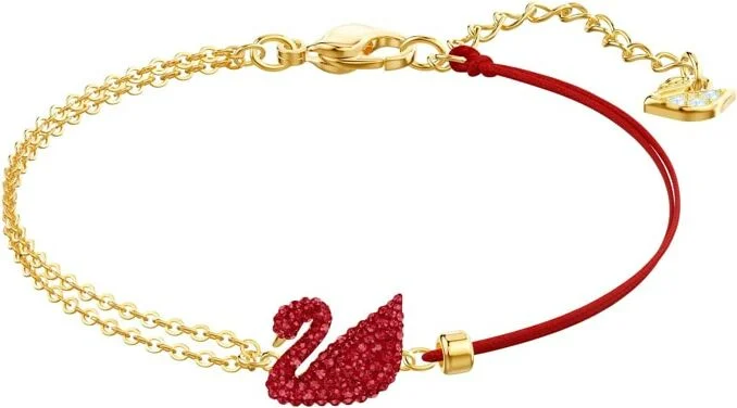 Bracelet Swarovski Iconic Swan 5465403 pour Femme, Plaqué Or et Corde Rouge avec Cristaux