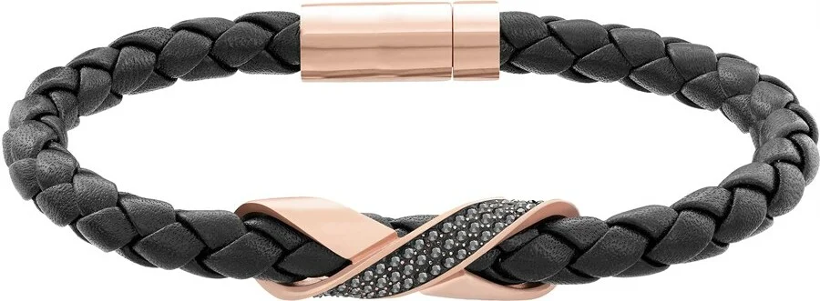 Bracelet Swarovski Cross Signature 5115156 en cuir noir et plaqué or rose, unisexe
