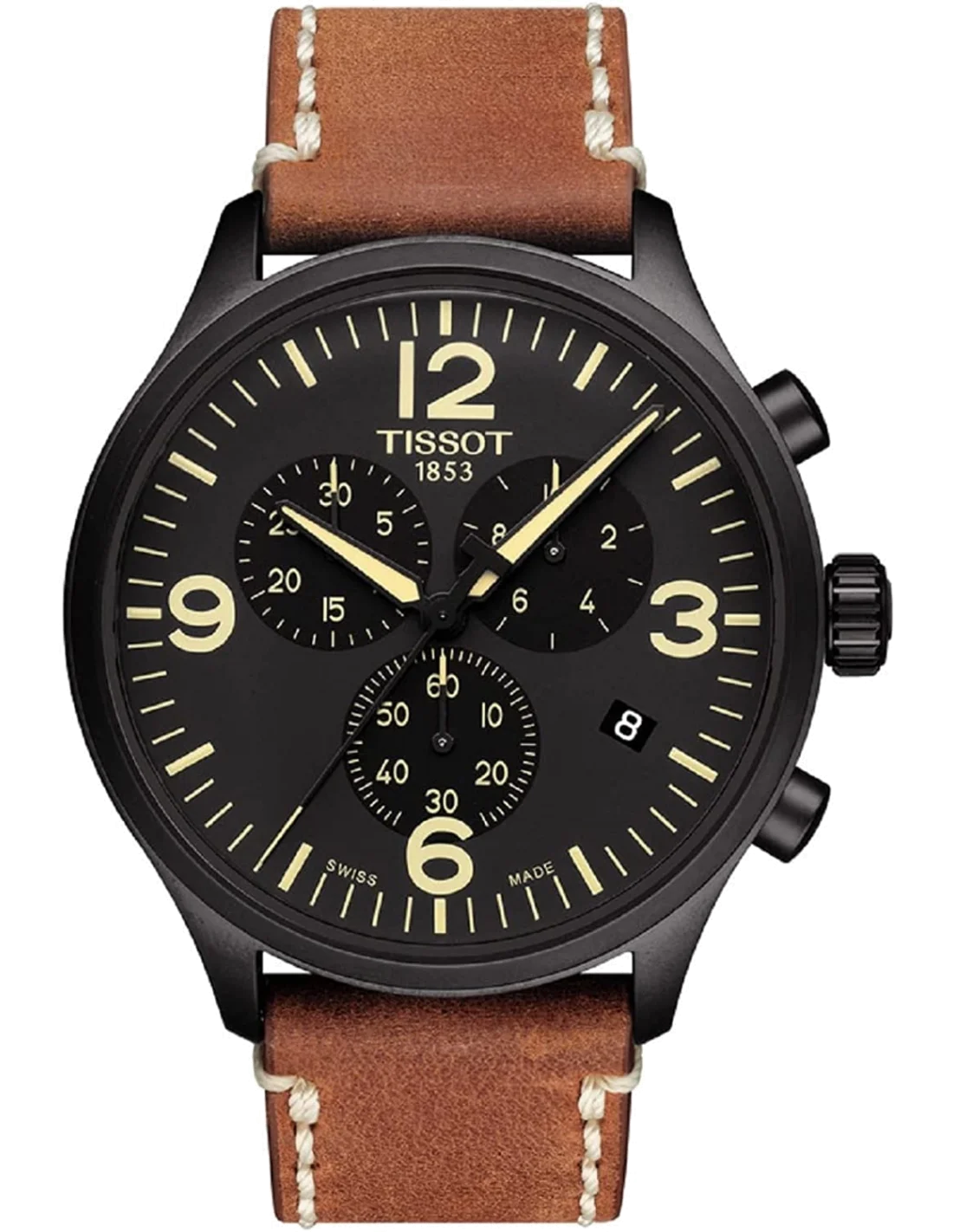 Tissot Chrono XL T1166173605700 - Chronographe Homme Cadran Noir 45mm Bracelet Cuir Brun