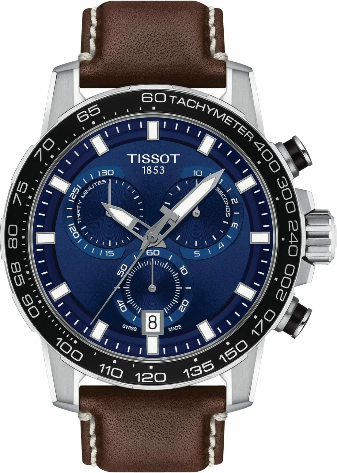Montre Tissot T1256171604100 Supersport Chrono Homme Cadran Bleu Bracelet Cuir Marron 45.5 mm