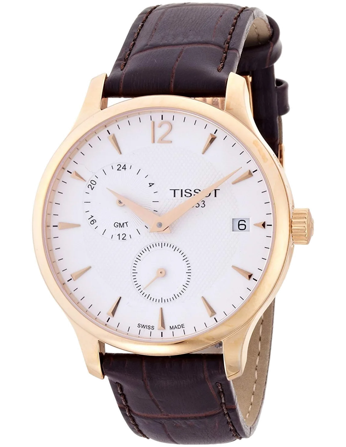 Montre Homme Tissot Tradition GMT T0636393603700, Boîtier Or Rose, Cadran Blanc, Bracelet Cuir Brun