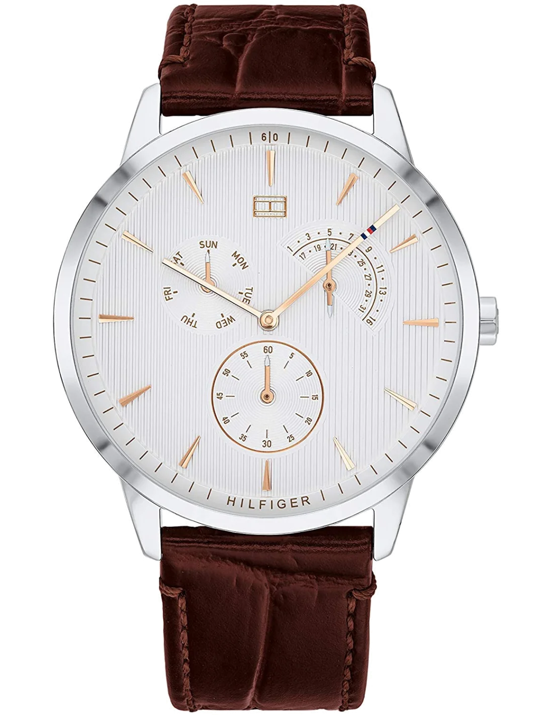 Montre Homme Tommy Hilfiger 1710389 - Cadran Bleu, Boîtier Argenté, Bracelet Cuir Marron