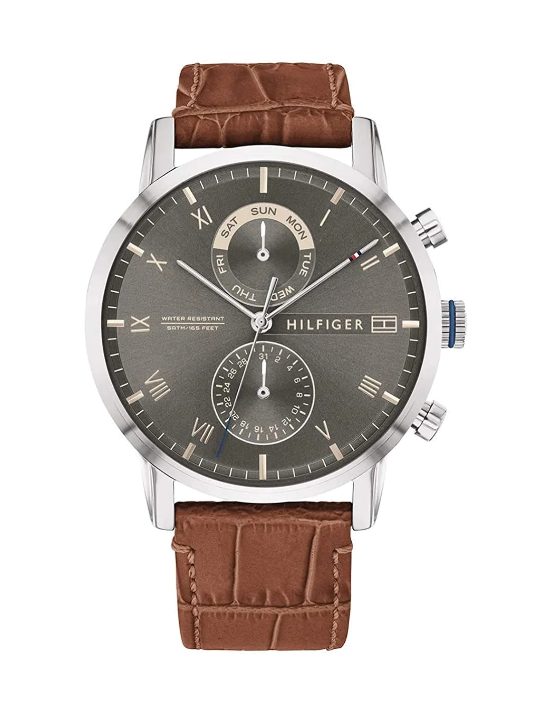 Montre Homme Tommy Hilfiger 1710398 Kane - Cadran Gris Multifonction, Bracelet Cuir Marron