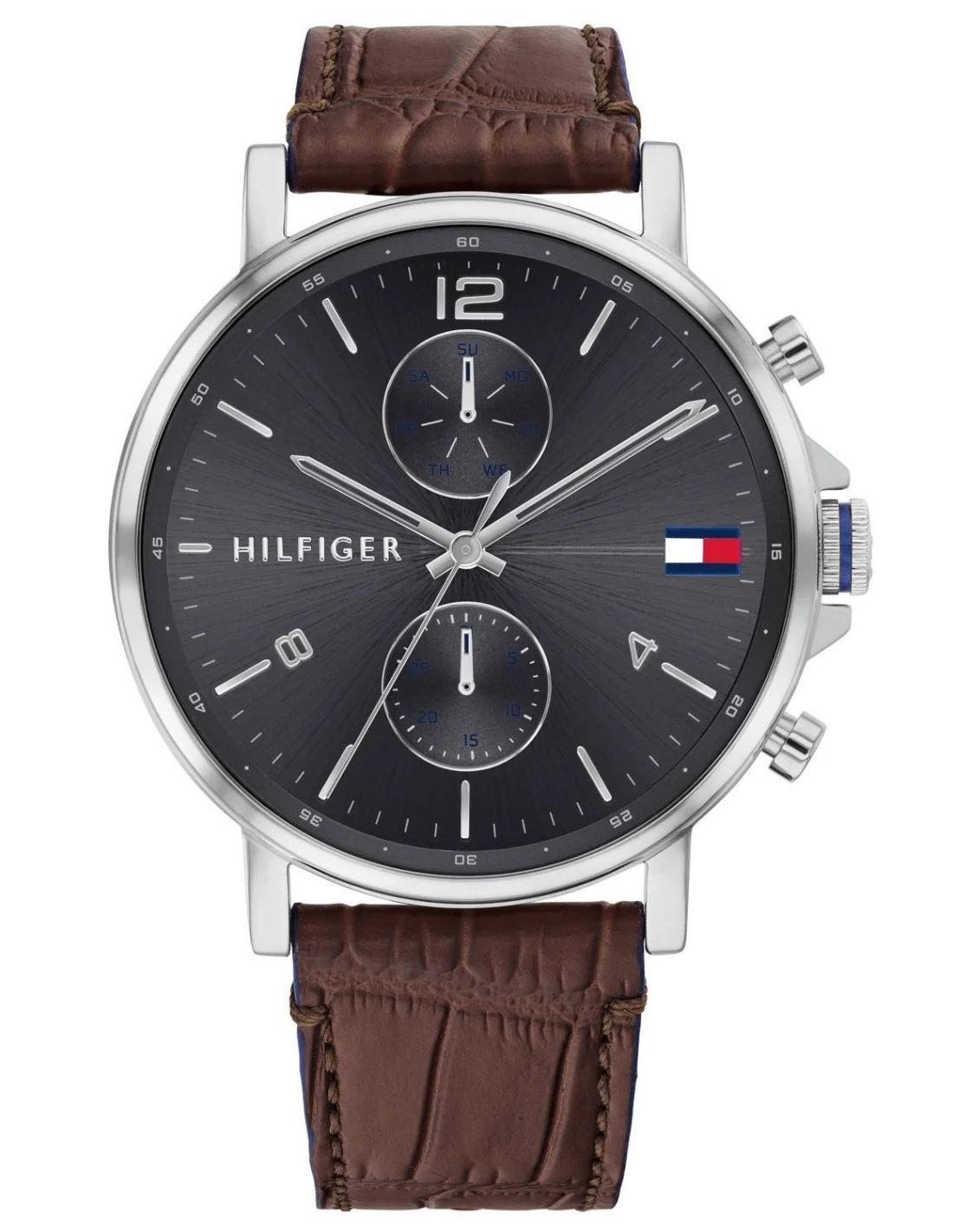 Montre Homme Tommy Hilfiger 1710416 - Boîtier Acier Argenté 44mm, Cadran Noir, Bracelet Cuir Marron